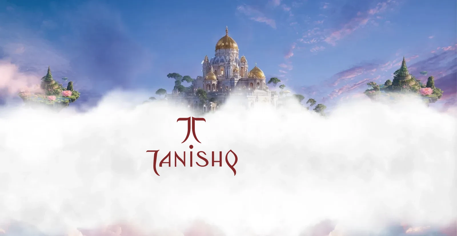 Tanishq Mriganka launch page: a palace with golden domes floating on clouds, with the Tanishq logo